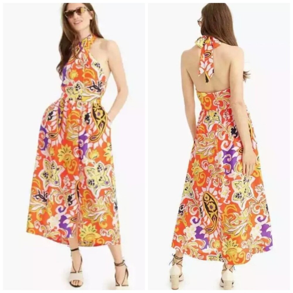 J Crew 100% SILK Maxi Sarong Dress in Painted Paisley Orange Women's Size 6